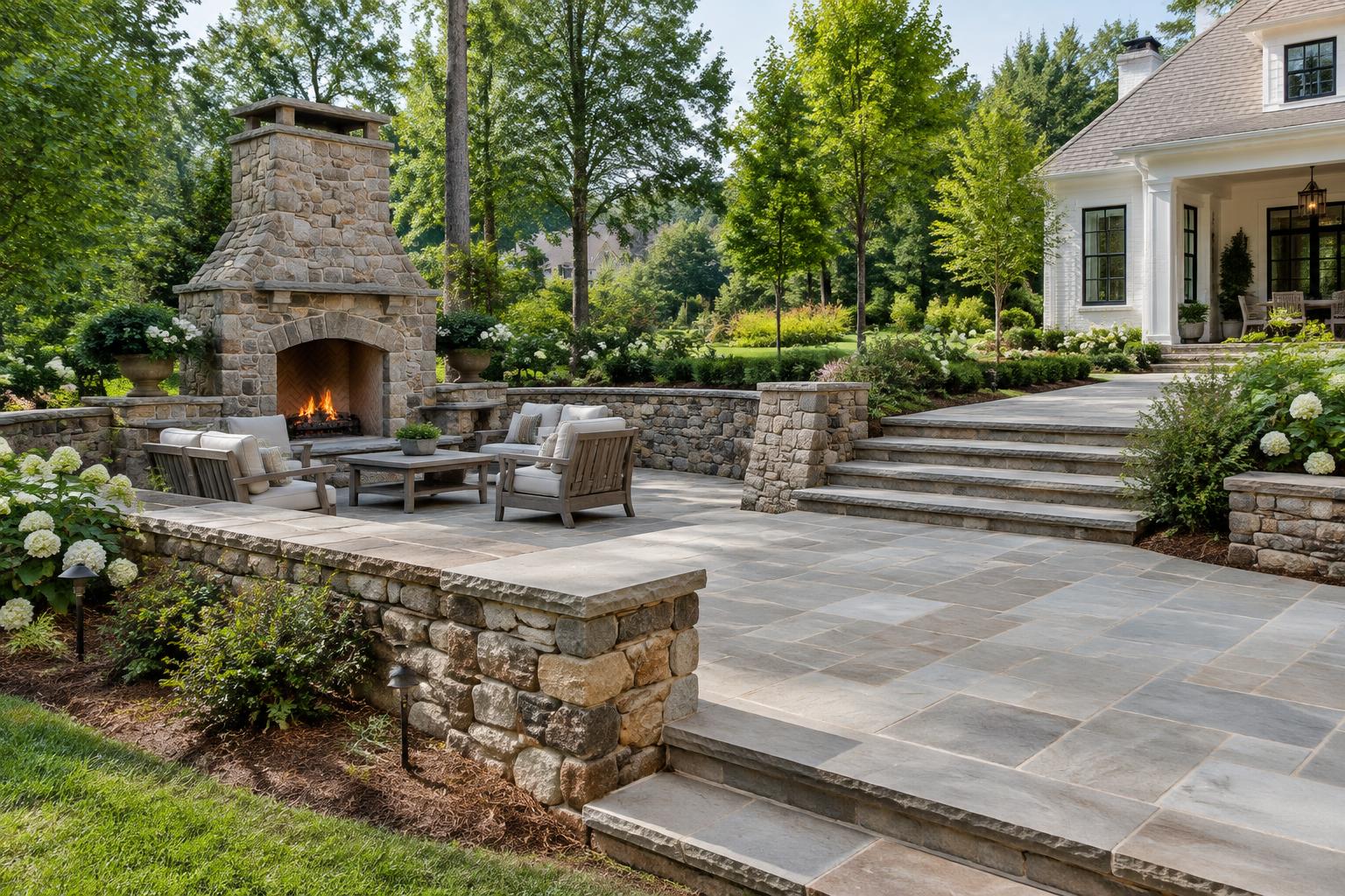 Natural stone patio, fireplace, and garden steps